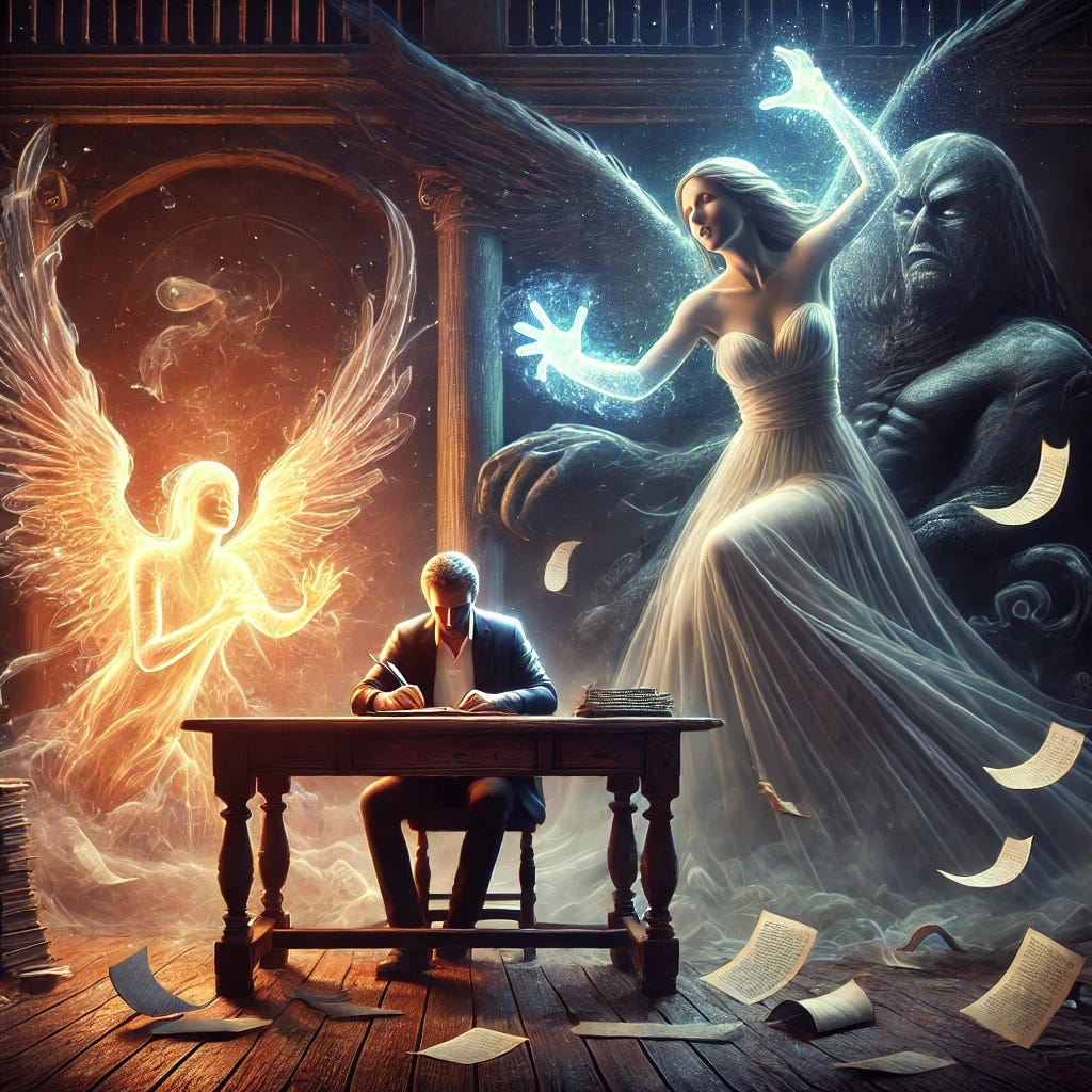 A lone writer sits at a grand wooden desk in a dimly lit room, torn between two towering figures. On one side, a radiant, ethereal muse with flowing robes and glowing hands whispers inspiration into the writer’s ear. On the other, a dark, shadowy figure looms over the desk, its presence heavy, representing the crushing weight of writer’s block. The writer’s face shows both awe and torment, one hand reaching toward the muse, the other clenched in frustration over a blank sheet of paper. The room is filled with scattered pages, some glowing with divine words, others crumpled and discarded. The atmosphere is both dramatic and surreal, evoking a sense of artistic struggle and transcendence. A lone writer sits at a grand wooden desk in a dimly lit room, torn between two towering figures. On one side, a radiant, ethereal muse with flowing robes and glowing hands whispers inspiration into the writer’s ear. On the other, a dark, shadowy figure looms over the desk, its presence heavy, representing the crushing weight of writer’s block. The writer’s face shows both awe and torment, one hand reaching toward the muse, the other clenched in frustration over a blank sheet of paper. The room is filled with scattered pages, some glowing with divine words, others crumpled and discarded. The atmosphere is both dramatic and surreal, evoking a sense of artistic struggle and transcendence.