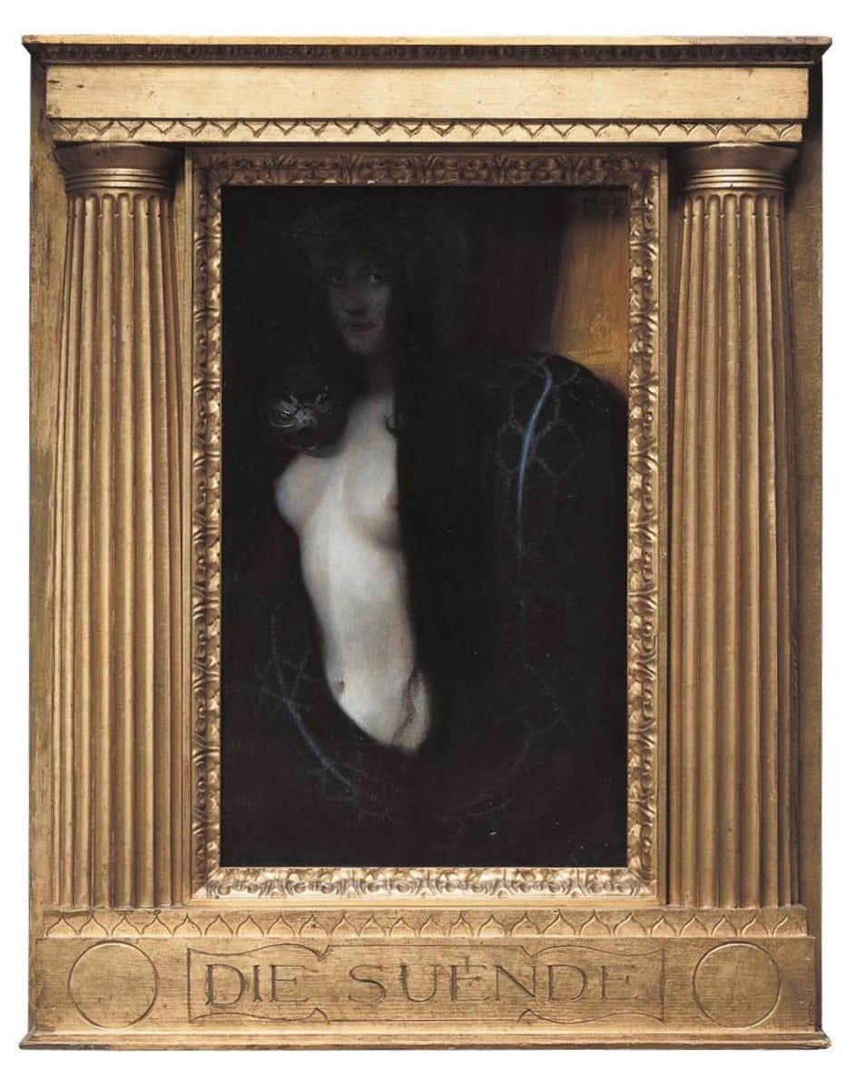 A naked woman with long black hair emerges from a dark background while a large dark snake coils around her body and rests its head on her shoulder.
