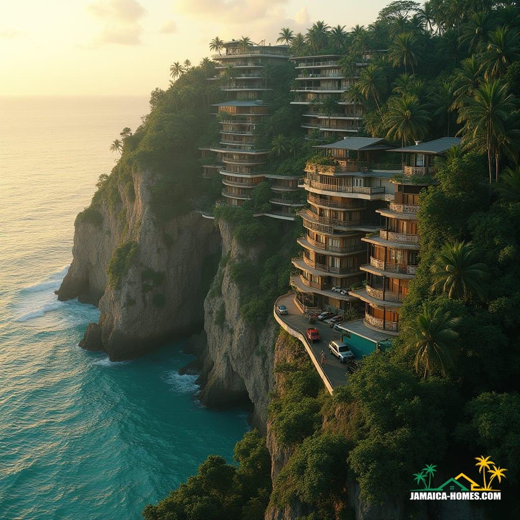 A breathtaking Jamaican cliff edge at golden hour, cascading multi-level apartments carved into limestone, skybridges linking towers, rooftop petrol station glowing softly, coconut trees swaying below, turquoise Caribbean Sea crashing at the base