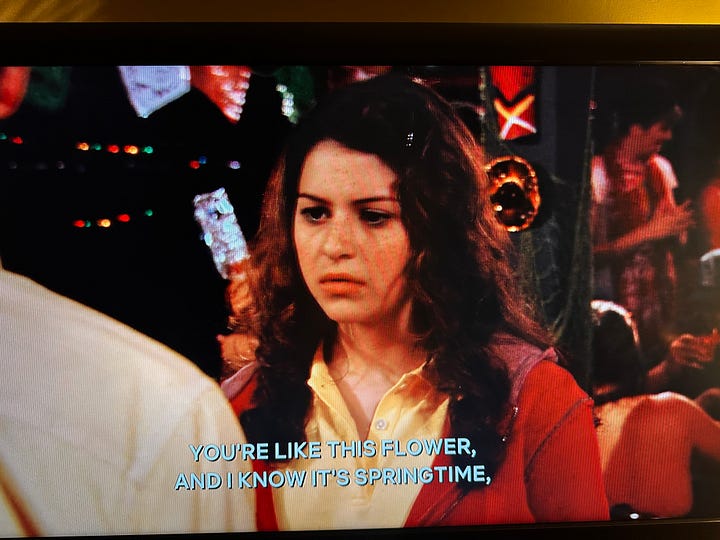 two images of a young women looking sad with the captions "You're like this flower and I know it's springtime but I just, I'd hate to see you get plucked."