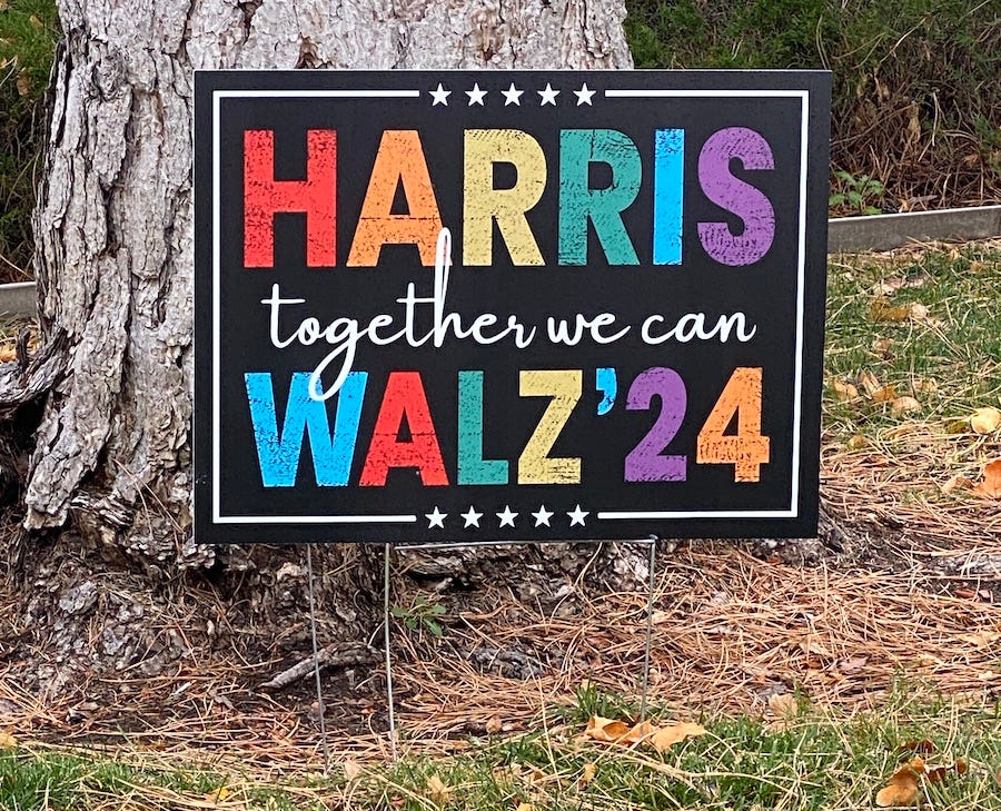 Harris-Walz sign by a tree saying 'together we can'