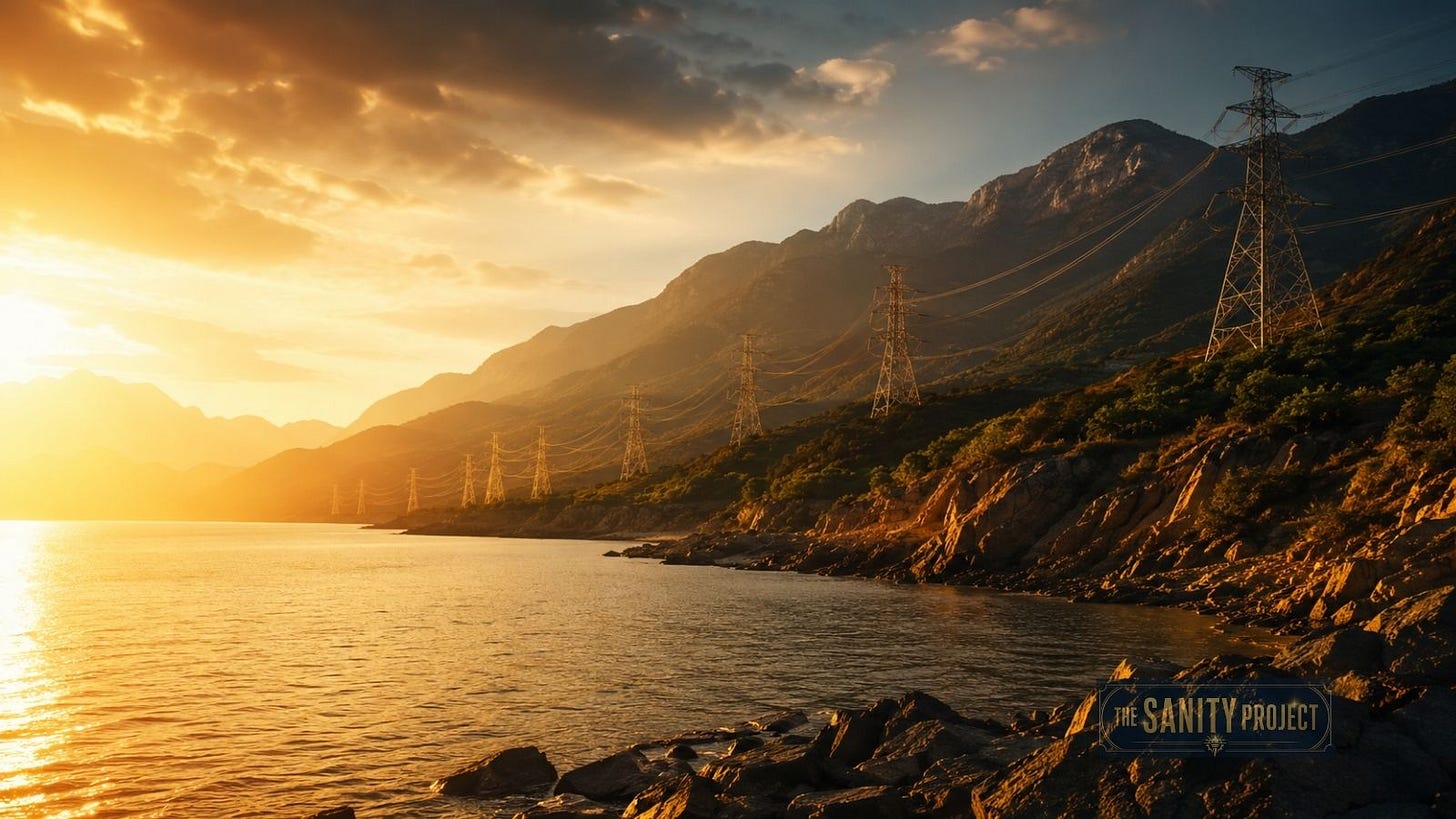 Transmission towers above a mountain lake at golden hour, a preview of the tradeoffs reshaping the Canadian power grid as AI demand grows.