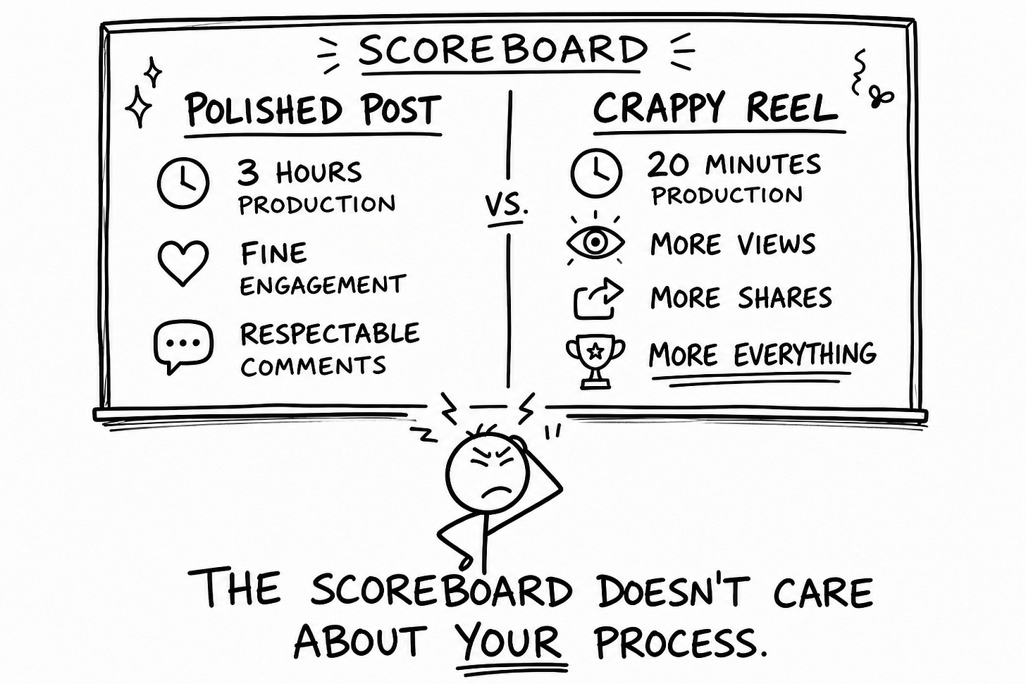 Hand-drawn whiteboard-style scoreboard comparing a polished post (3 hours production, fine engagement, respectable comments) against a crappy reel (20 minutes production, more views, more shares, more everything), with a frustrated stick figure below and the caption "The scoreboard doesn't care about your process." Illustrates why raw process content outperforms polished content in creator engagement and audience growth strategy.
