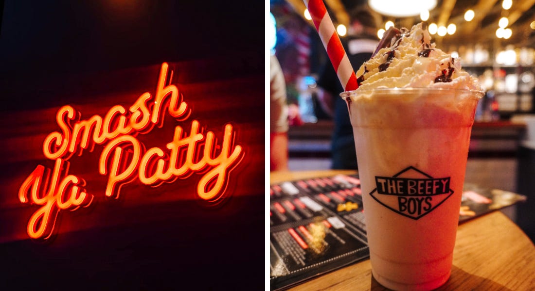 Two pictures - one of a neon sign that says smash ya patty, and one of a chocolate milkshake