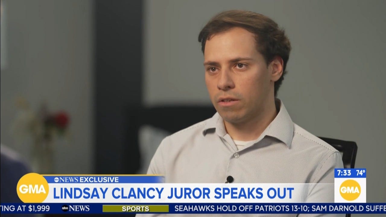 Lindsay Clancy juror says holdout didn't show 'single piece of evidence' explaining vote - ABC7 New York Lindsay Clancy juror says holdout didn't show 'single piece of evidence' explaining vote - ABC7 New York