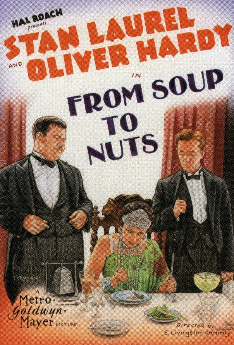 Movei poster fo 1928 Laurel & Hardy film called "From Soup to Nuts," showing a woman at a fancy banquet