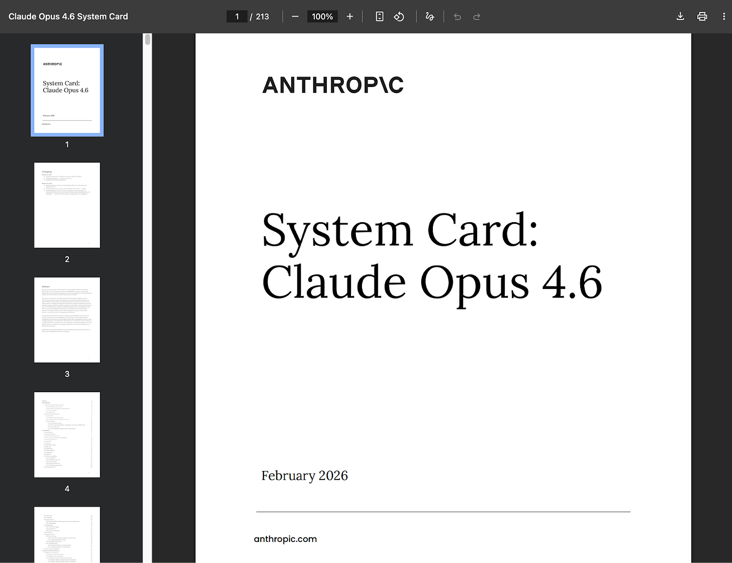 Screenshot of the Opus 4.6 system card