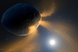 This illustration depicts asteroid Phaethon being heated by the Sun. The asteroid’s surface gets so hot that sodium inside Phaethon’s rock likely vaporizes and vents into space, causing it to brighten like a comet and form a tail.