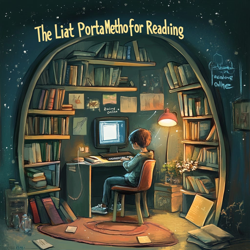 An illustrated digital artwork features a cozy reading nook built into a circular bookshelf. A young boy sits at a desk in the center, reading a glowing screen, surrounded by stacked books. The warm lighting and handwritten text emphasize the theme of digital reading. The title at the top reads: "The Liat Portal Method for Reading."