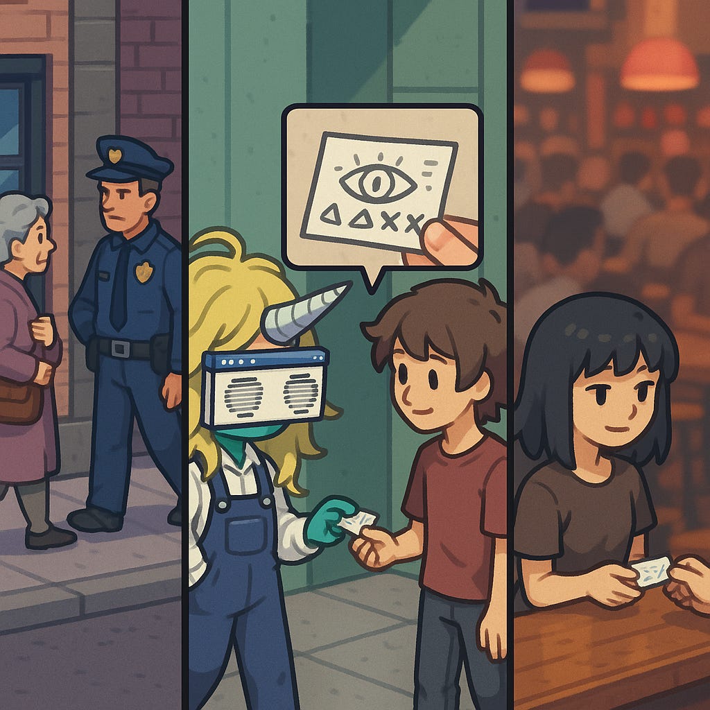 A colored anime-style image divided into three squares, telling a story. Main character is the blond girl with cypherpunk-terminal eyes attached (DataBabie-2979-no-bg.png).  First square (left): The girl walks on the street with her hands in the pocket. A police officer talks to an old lady and doesn't even notice the girl walking.  Second square (middle): the girl discreetly gives a fully encrypted note, with cryptic drawings, to a boy on the street. A close-up on the exchange in a smaller hovering square. The street is empty, nobody is looking.  Third square (right): the boy passes the note to a different (black hair) girl in a bar, the bar is full of people, but nobody is looking at them (people are blurred).