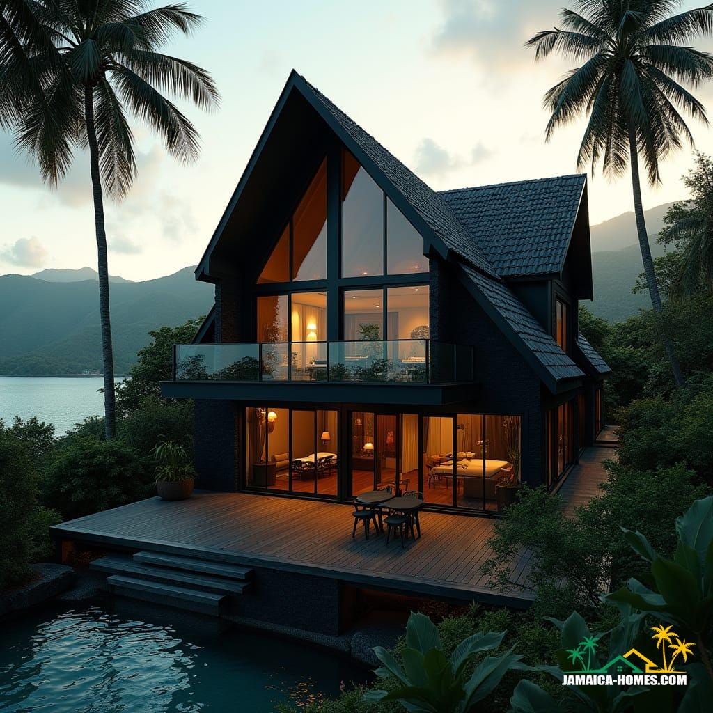 A modern Gothic-inspired black cottage in Jamaica, designed with clean minimalist lines and bold geometric shapes. The exterior is matte black with smooth concrete and steel finishes, accented by subtle Gothic arches reimagined in glass and steel. Floor-to-ceiling windows open toward lush tropical gardens with palm trees and vibrant flowering plants, a seamless blend of indoors and outdoors. The steep, streamlined roof features hidden lighting that highlights sharp angles at night. A spacious terrace with an infinity pool overlooks the turquoise Caribbean Sea, framed by sleek glass railings. Glimpses of the interior reveal an open-plan living space with natural wood, marble, and modern furnishings contrasting against the dramatic black façade. The setting is futuristic yet tropical—dark, bold, and elegant, at home in Jamaica’s vibrant landscape. Cinematic film still, shot on v-raptor XL, film grain, vignette, color graded, post-processed, cinematic lighting, 35mm film, live-action, best quality, atmospheric, a masterpiece, epic, stunning, dramatic. Painted in the style of Zaha Hadid and Santiago Calatrava, with the mood of Tim Burton's architectural aesthetic.