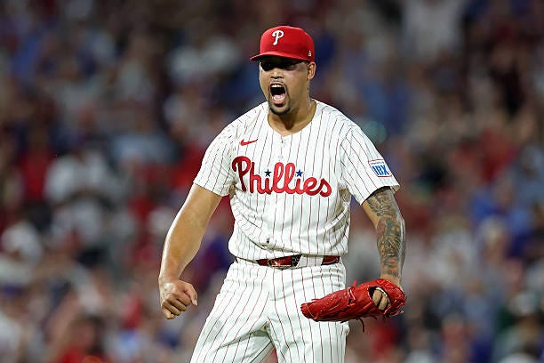 Jhoan Duran of the Philadelphia Phillies celebrates after saving a game against the New York Mets at Citizens Bank Park on September 8, 2025 in...