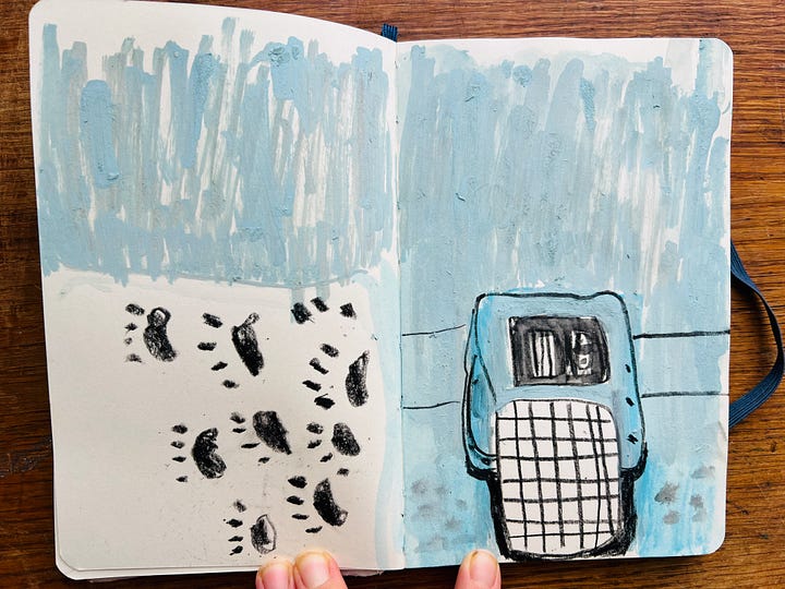drawing of a guy with dogs and a pet carrier