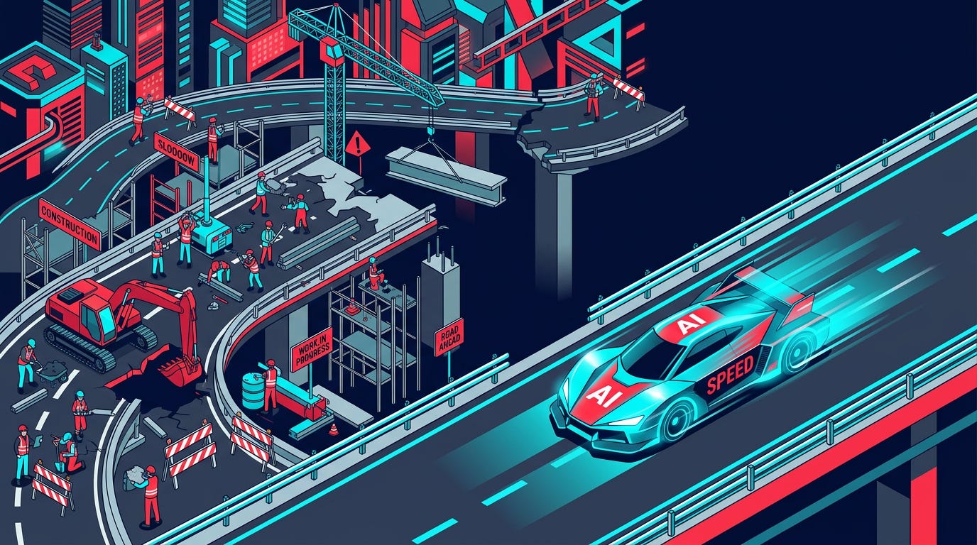 Flat isometric illustration of a futuristic race car labeled AI speeding far ahead while construction crews struggle to finish the road, bridges and guardrails behind it, dark navy background, clean vector art style, bold red and cyan color palette, modern technology editorial aesthetic Flat isometric illustration of a futuristic race car labeled AI speeding far ahead while construction crews struggle to finish the road, bridges and guardrails behind it, dark navy background, clean vector art style, bold red and cyan color palette, modern technology editorial aesthetic