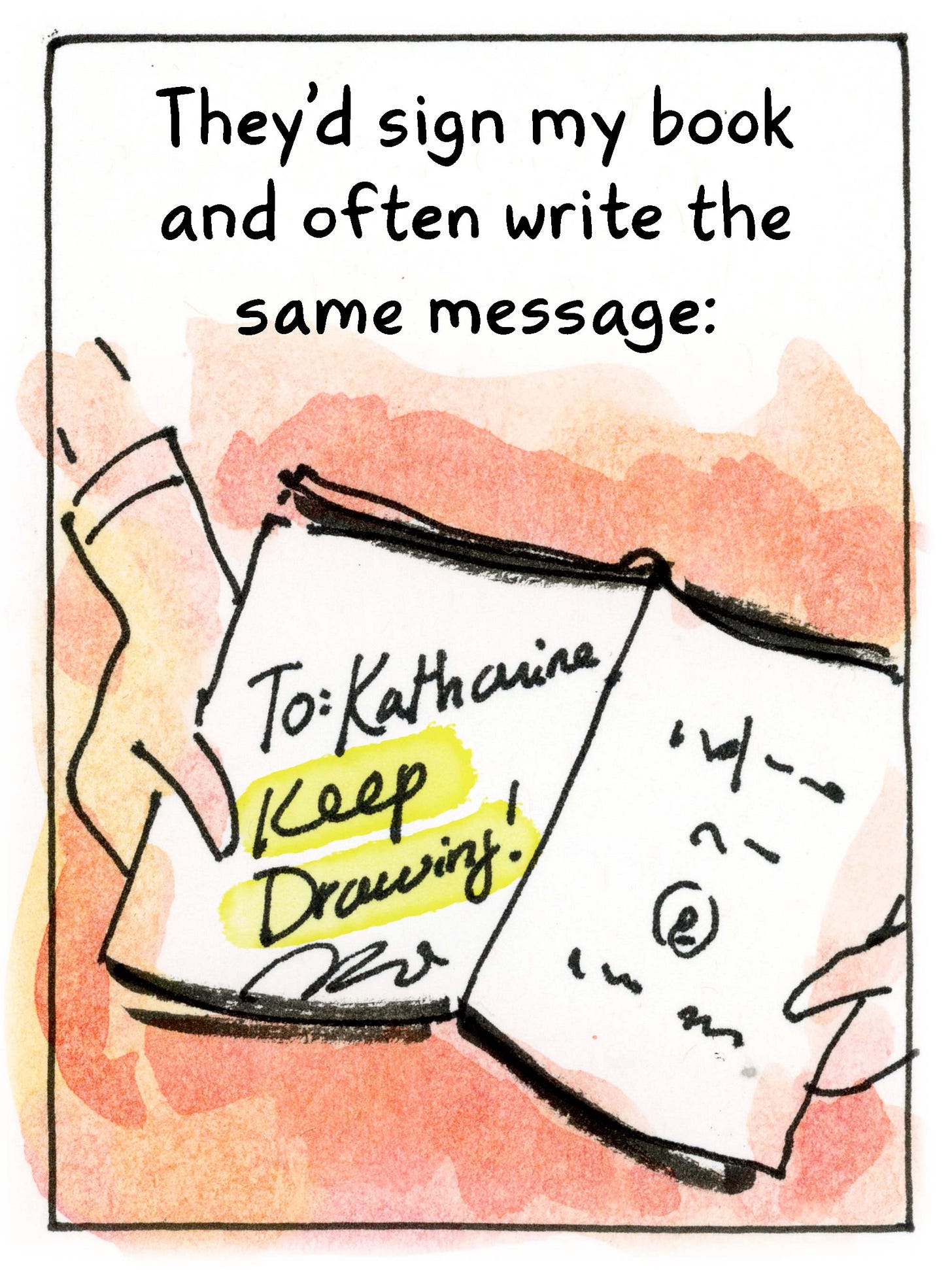 Watercolor comic page by graphic novelist K. Woodman-Maynard about her book launch of her graphic novel adaptation of Tuck Everlasting. 