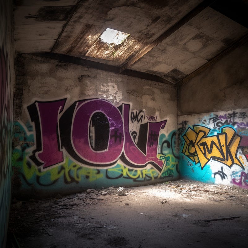 IOU graffiti spray painted on a wall.