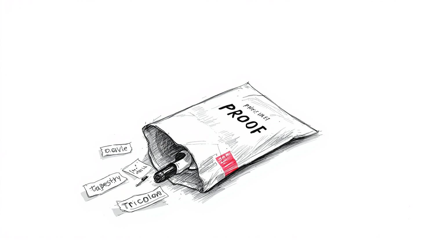 Em dash escapes a torn evidence bag falsely labelled proof