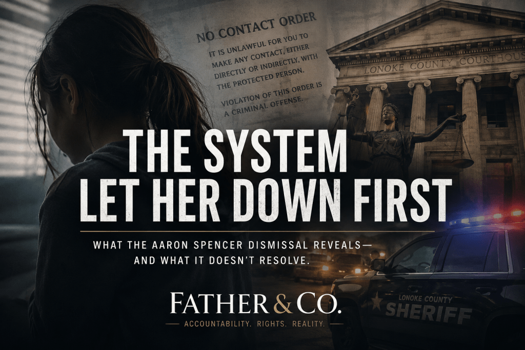 A young girl looking down, with a blurred background featuring a courthouse and a police vehicle. The text overlaid reads 'THE SYSTEM LET HER DOWN FIRST' along with additional commentary on the Aaron Spencer dismissal. A young girl looking down, with a blurred background featuring a courthouse and a police vehicle. The text overlaid reads 'THE SYSTEM LET HER DOWN FIRST' along with additional commentary on the Aaron Spencer dismissal.