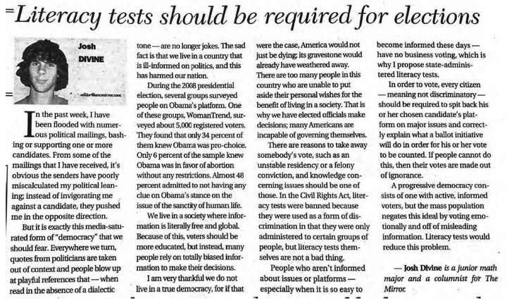 Josh Divine, one of President Donald Trump's judicial picks, argued for bringing back literacy tests for elections in a 2010 opinion piece he published in college. Josh Divine, one of President Donald Trump's judicial picks, argued for bringing back literacy tests for elections in a 2010 opinion piece he published in college.