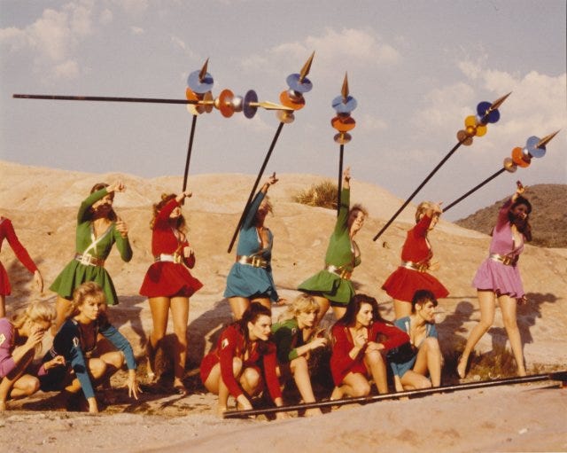 Moon women (feebly) attack in the 1987 sketch-comedy collection "Amazon Women on the Moon" from Universal Pictures.