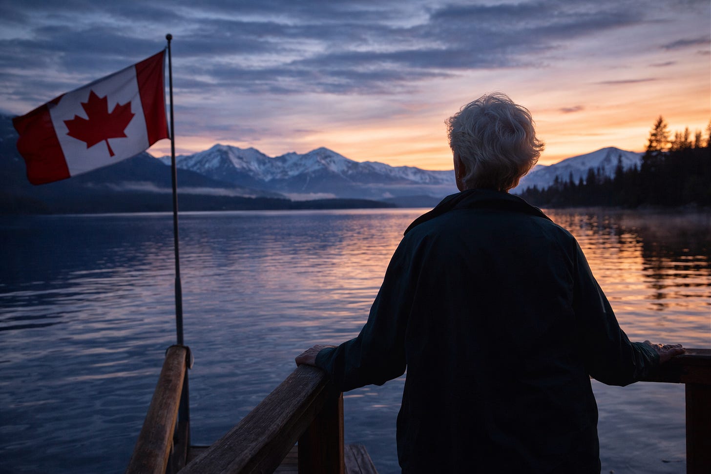 An older woman stands at the end of a wooden dock, looking out over a calm Canadian lake at dusk. A Canadian flag flies beside her, with mountains and a soft evening sky in the dis