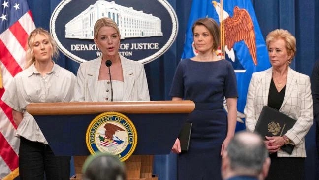 Attorney General Pam Bondi accompanied by from left Riley Gaines Rep. Laurel Libby R-Maine, and Education Secretary Linda McMahon speaks during a news conference Attorney General Pam Bondi accompanied by from left Riley Gaines Rep. Laurel Libby R-Maine, and Education Secretary Linda McMahon speaks during a news conference