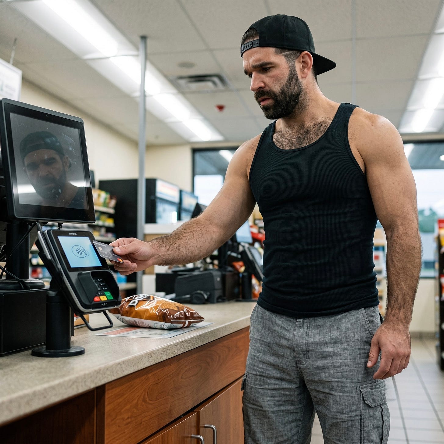 Mitch stands at a gas station checkout counter looking deeply confused as he attempts to use a modern tap-to-pay credit card terminal for the first time after returning home. Mitch stands at a gas station checkout counter looking deeply confused as he attempts to use a modern tap-to-pay credit card terminal for the first time after returning home.