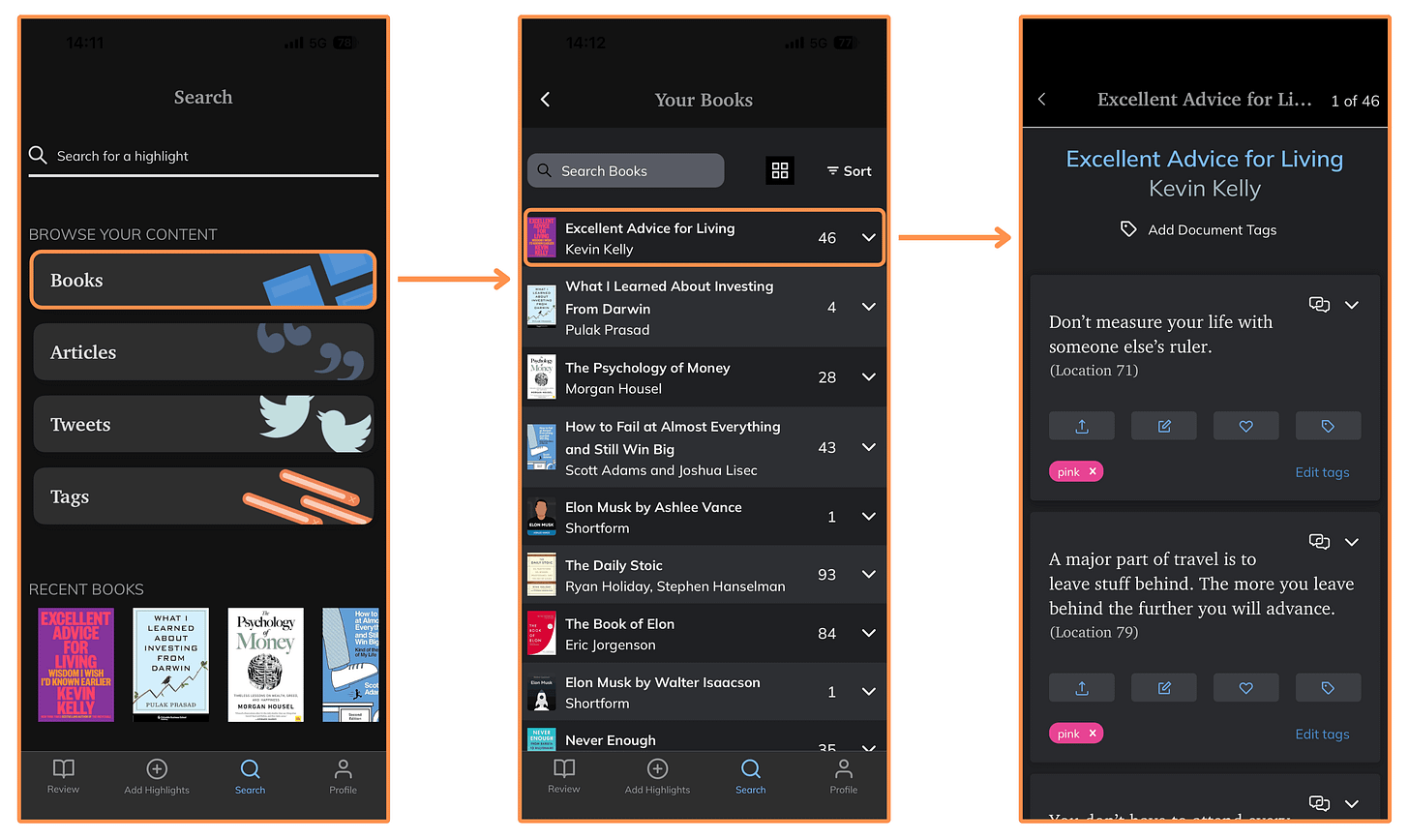 Browsing my book highlights (mobile app + dark mode)