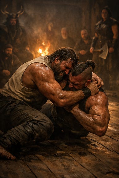 Fleetwood and Scorilo locked in a brutal wrestling match inside the Soldav longhouse, firelit circle of villagers watching, bare floorboards, flickering shadows, two powerful fighters grappling with raw strength, Barovian Gothic atmosphere