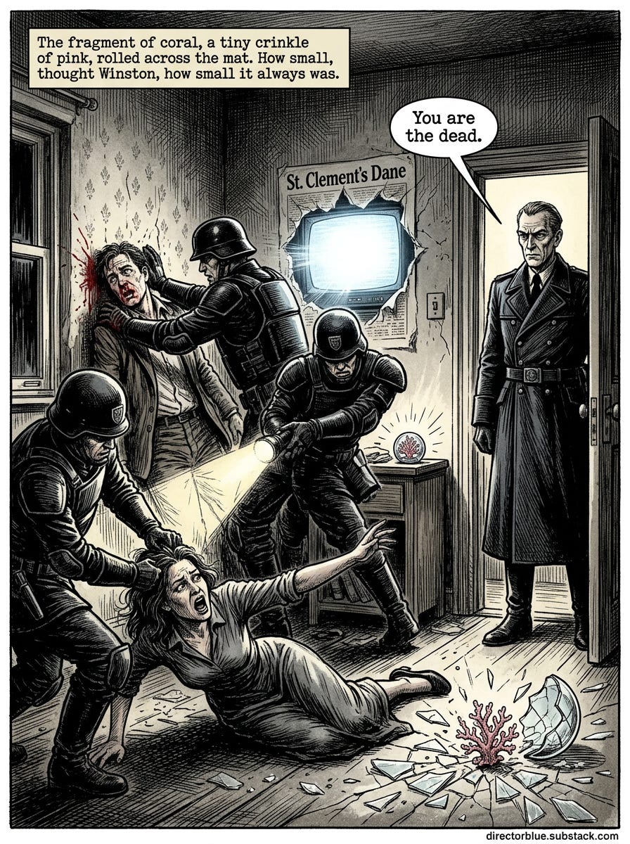 1984 Orwell Scene Image PromptA violent shattering 3x4 vertical composition in Paolo Serpieris hyper-detailed dramatic style extreme motion shattered objects aggressive lighting The room above Charringtons shop is being invaded Black-unifor_image_1 1984 Orwell Scene Image PromptA violent shattering 3x4 vertical composition in Paolo Serpieris hyper-detailed dramatic style extreme motion shattered objects aggressive lighting The room above Charringtons shop is being invaded Black-unifor_image_1