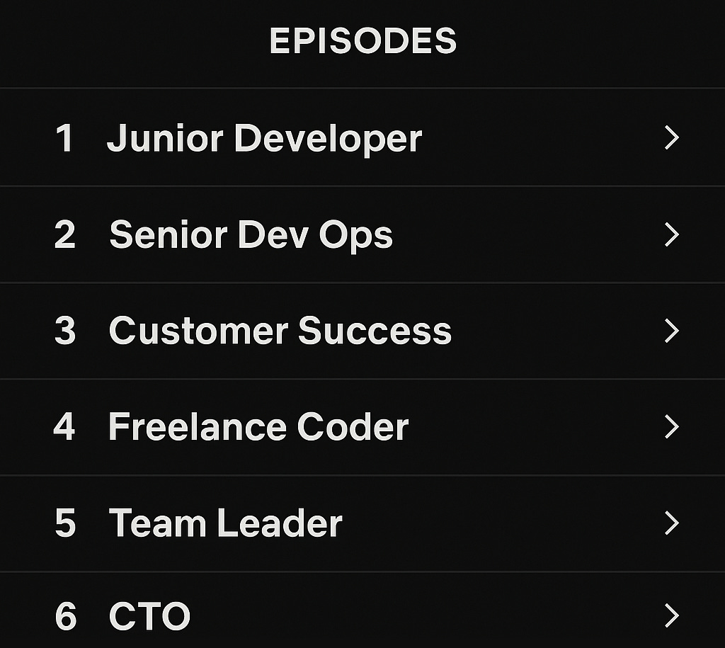 App-style interface showing “episodes” of a professional journey, representing a non-linear career built through distinct chapters. App-style interface showing “episodes” of a professional journey, representing a non-linear career built through distinct chapters.