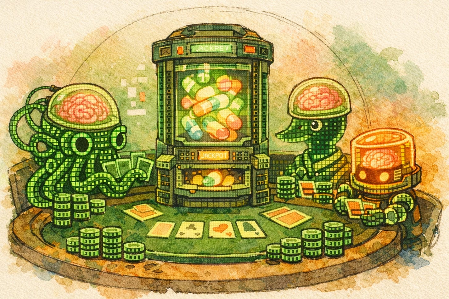 ASCII-style terminal Buddy pets with jar-head branding gather around a gacha machine representing Claude Code Buddy rarity tiers.
