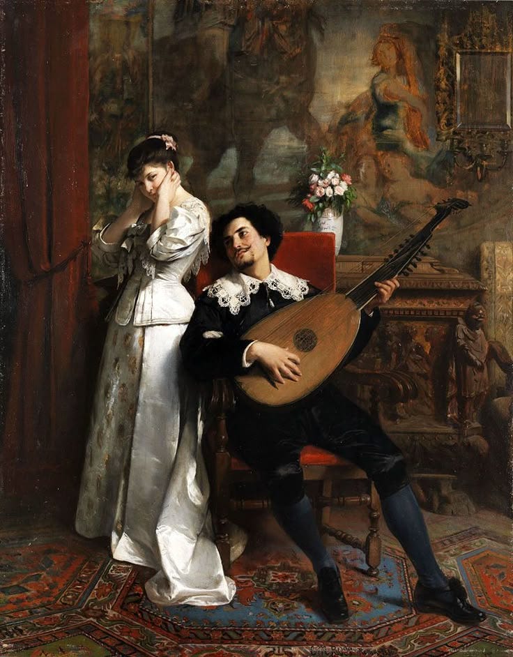 This may contain: a painting of a man and woman sitting next to each other with a guitar in front of them