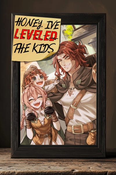Web novel cover of Honey, I Leveled the Kids looking like a picture frame and sticky note.