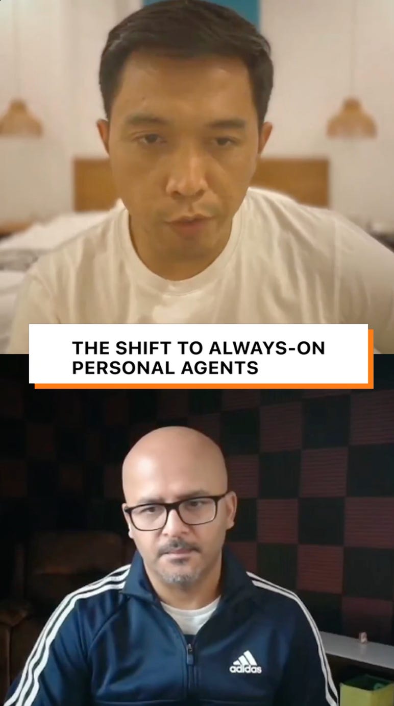 Split-screen Substack Live clip of Wyndo and Dheeraj Sharma titled “The Shift to Always-On Personal Agents.”
