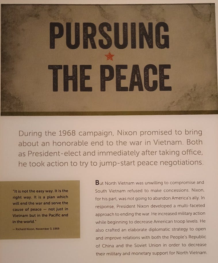 Info panel titled Pursuing the Peace, with brief summary of Nixon's foreign policy