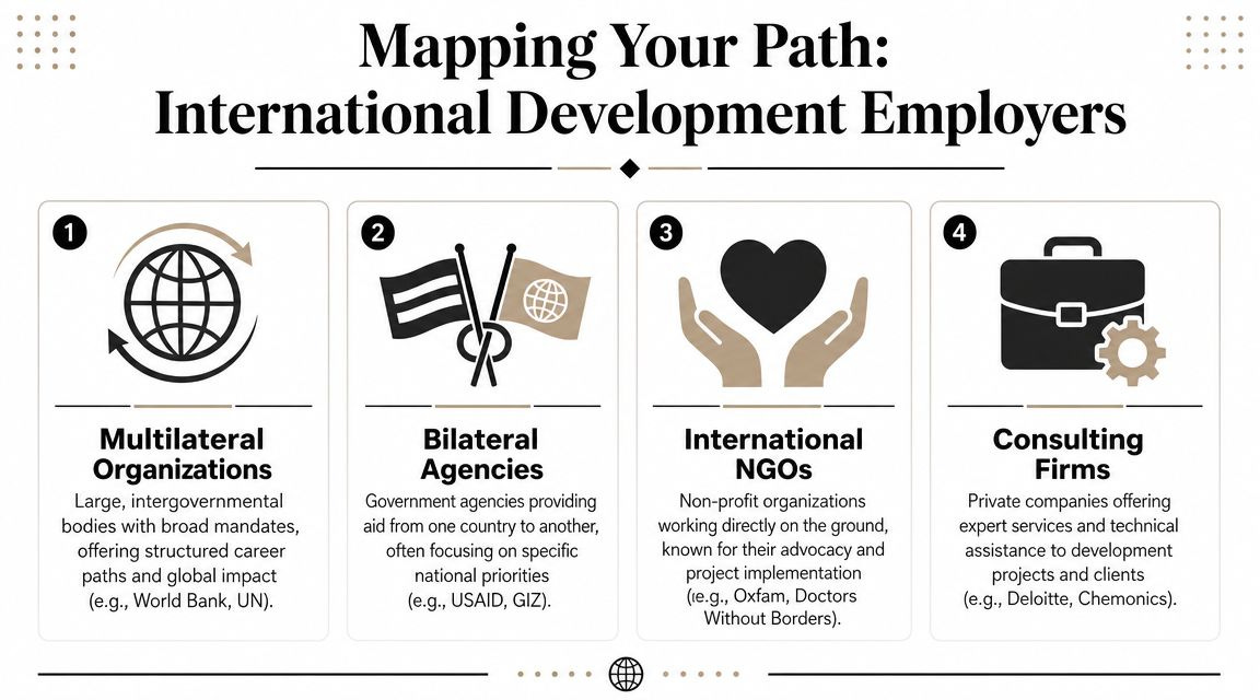 An infographic titled Mapping Your Path: International Development Employers, outlining four types of organizations in the field. An infographic titled Mapping Your Path: International Development Employers, outlining four types of organizations in the field.