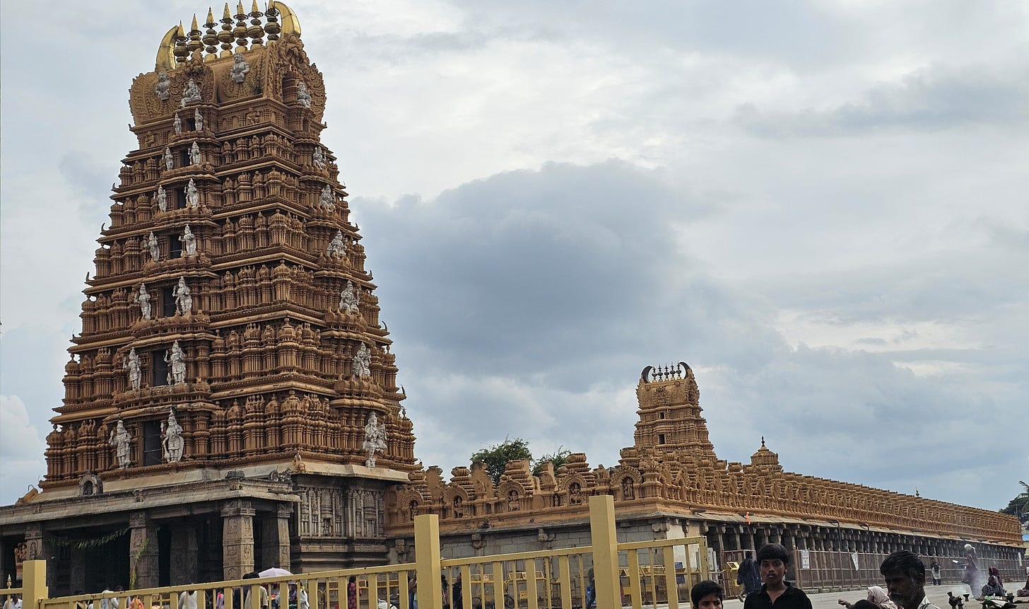 Wide shot of Srikanteshwara Temple's gopurams in Nanjangud, Karnataka, seen from street level Wide shot of Srikanteshwara Temple's gopurams in Nanjangud, Karnataka, seen from street level