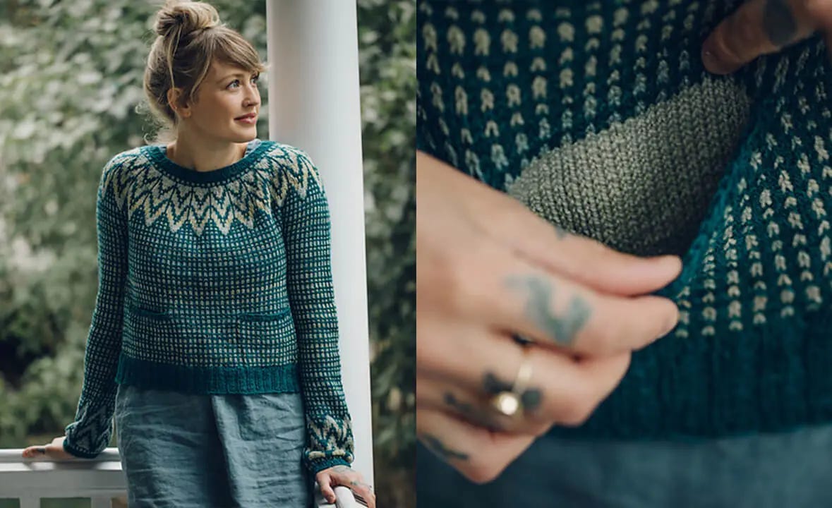 blond woman wearing a colorwork sweater with pockets