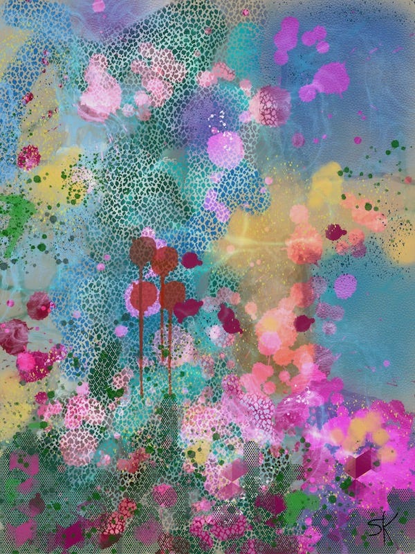 Watery abstract painting by Sherry Killam Arts suggesting undersea multicolored beings floating together.