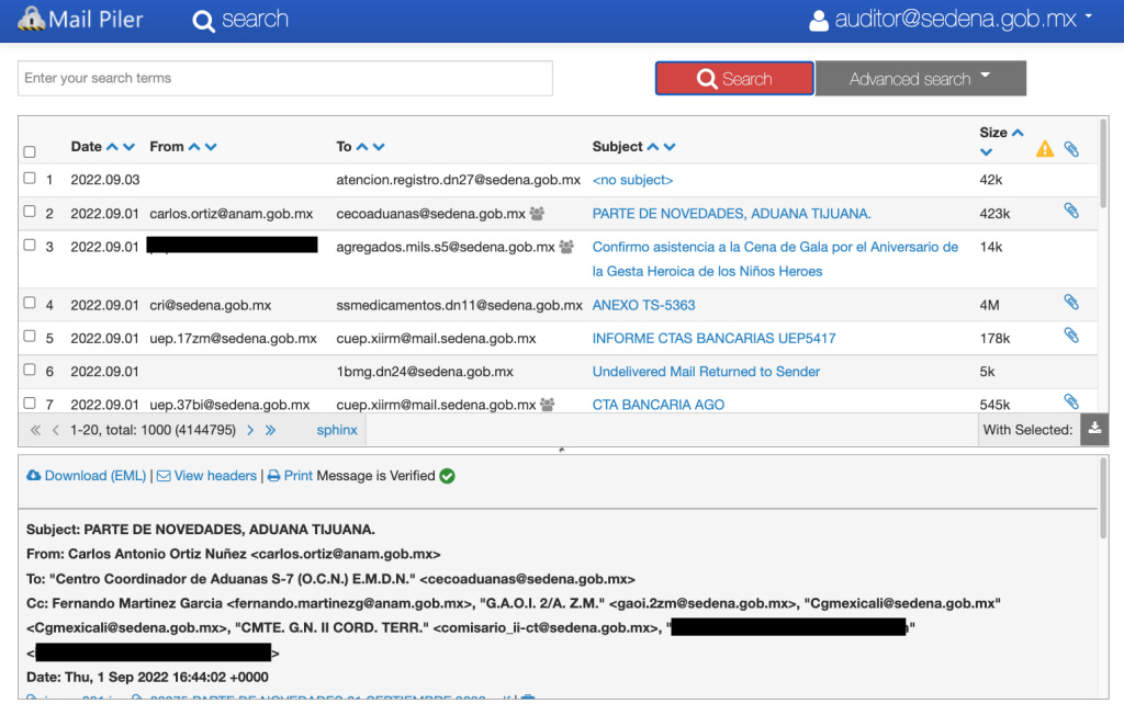 Captura del buscador de correos habilitado por Guacamaya. Puse marcas negras sobre los correos no oficiales. Captura del buscador de correos habilitado por Guacamaya. Puse marcas negras sobre los correos no oficiales.