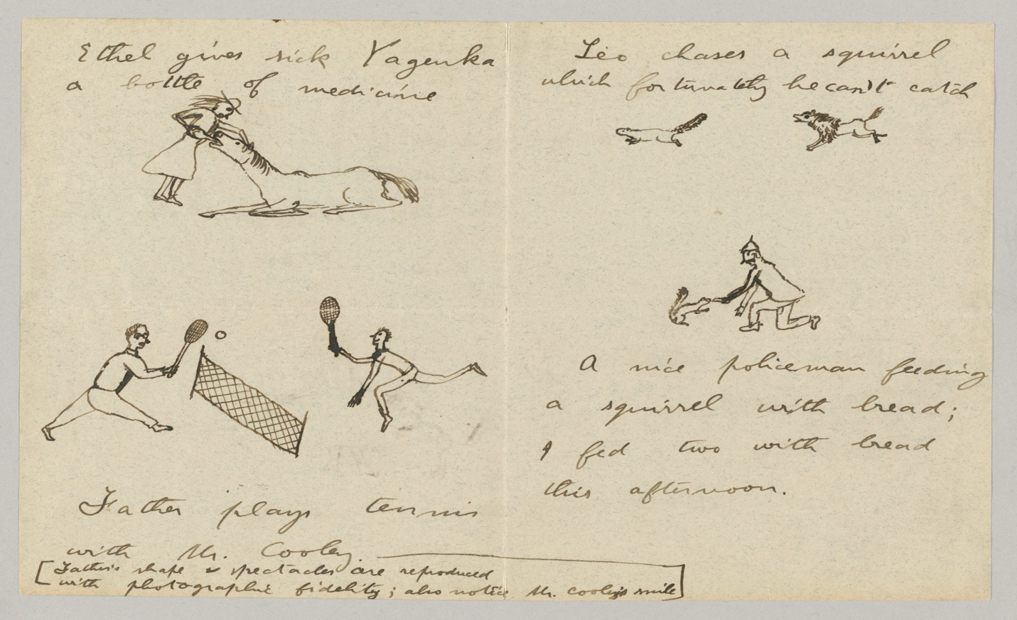 A handwritten letter with sketches of people playing tennis

Description automatically generated