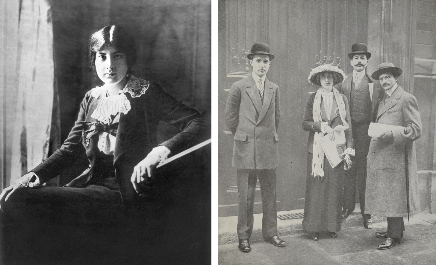 At left, a black and white photo of a woman in a black dress, seated at a piano / At right, a group of three men and one woman stand on a sidewalk in 1913 Paris