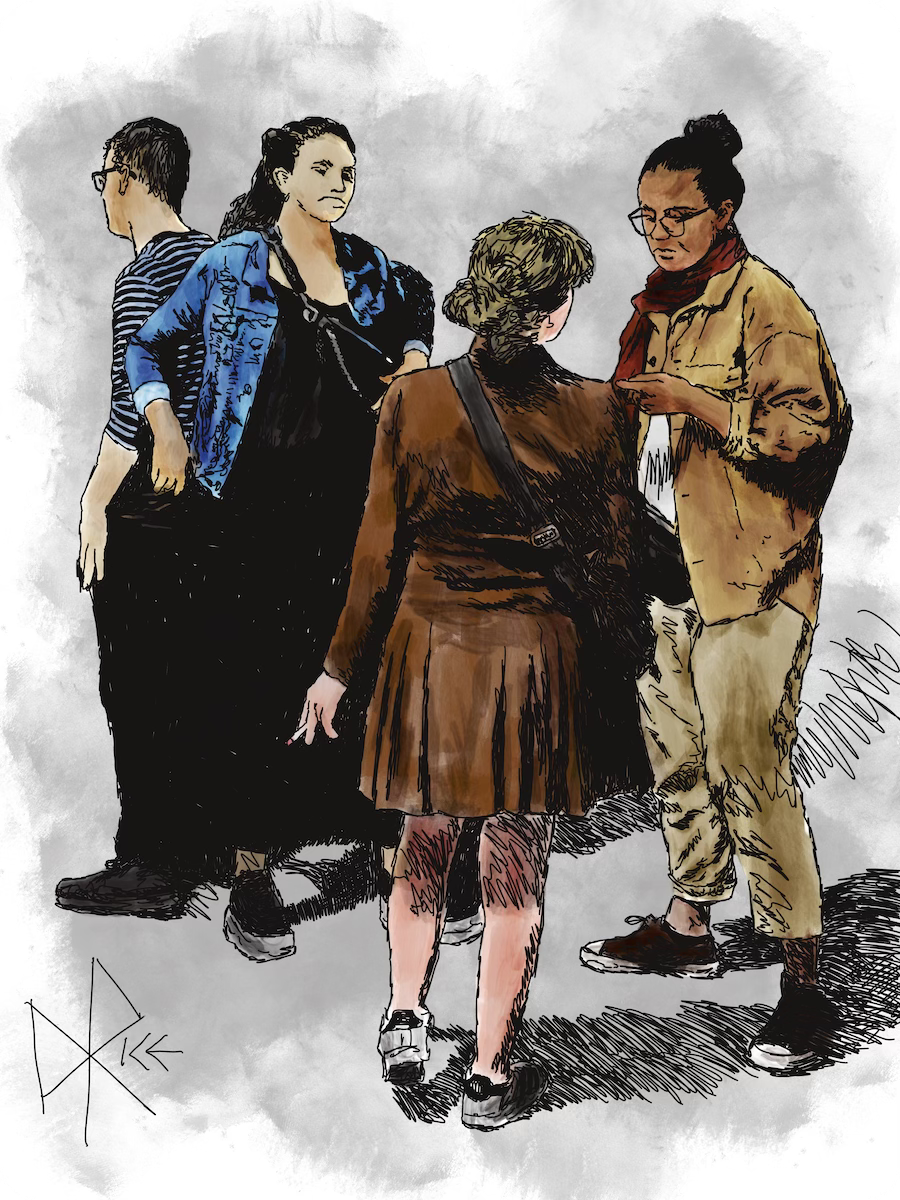 A group of people gather outside the bar after a gig. Sketch art by Don Rice. A group of people gather outside the bar after a gig. Sketch art by Don Rice.