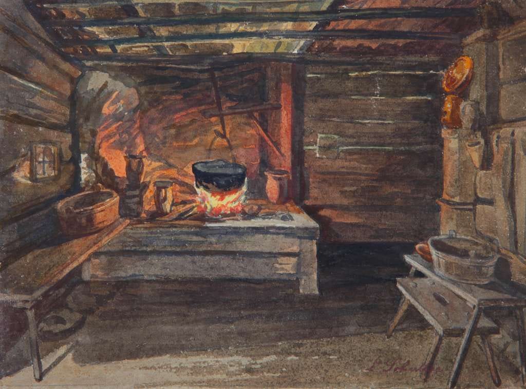 Watercolor Painting of Cabin Scene with Fireplace by Louis Schultze