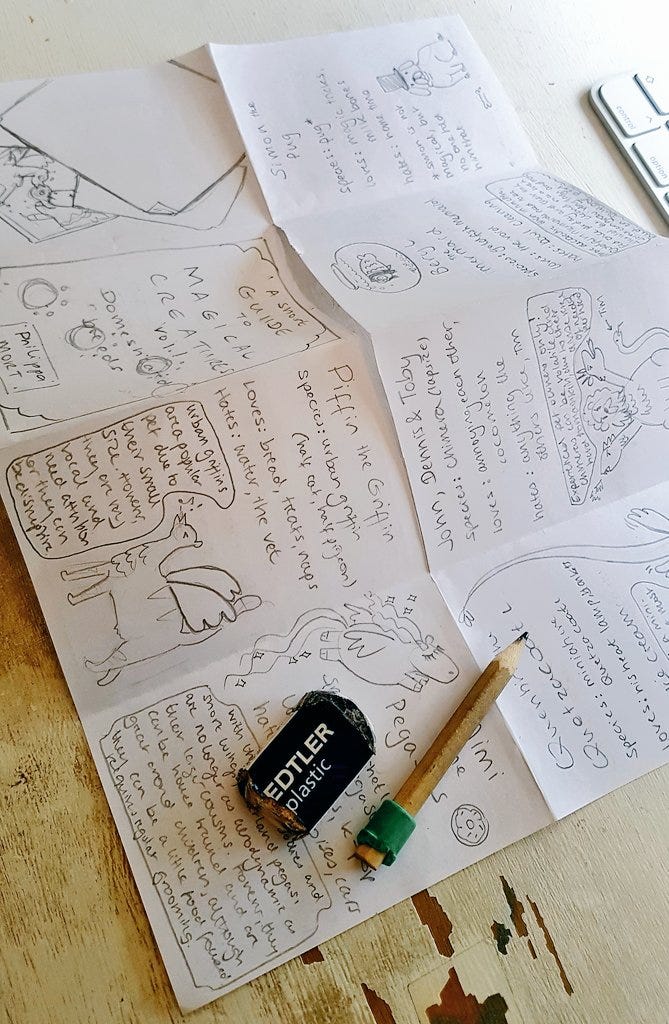 Draft of a zine, the paper flattened out to show all the illustrated sides. The title page says a short guide to magical creatures vol 1 domestic breeds. Inner pages show illuatrations and descriptions of different creatures such as piffin the griffin, the urban griffin