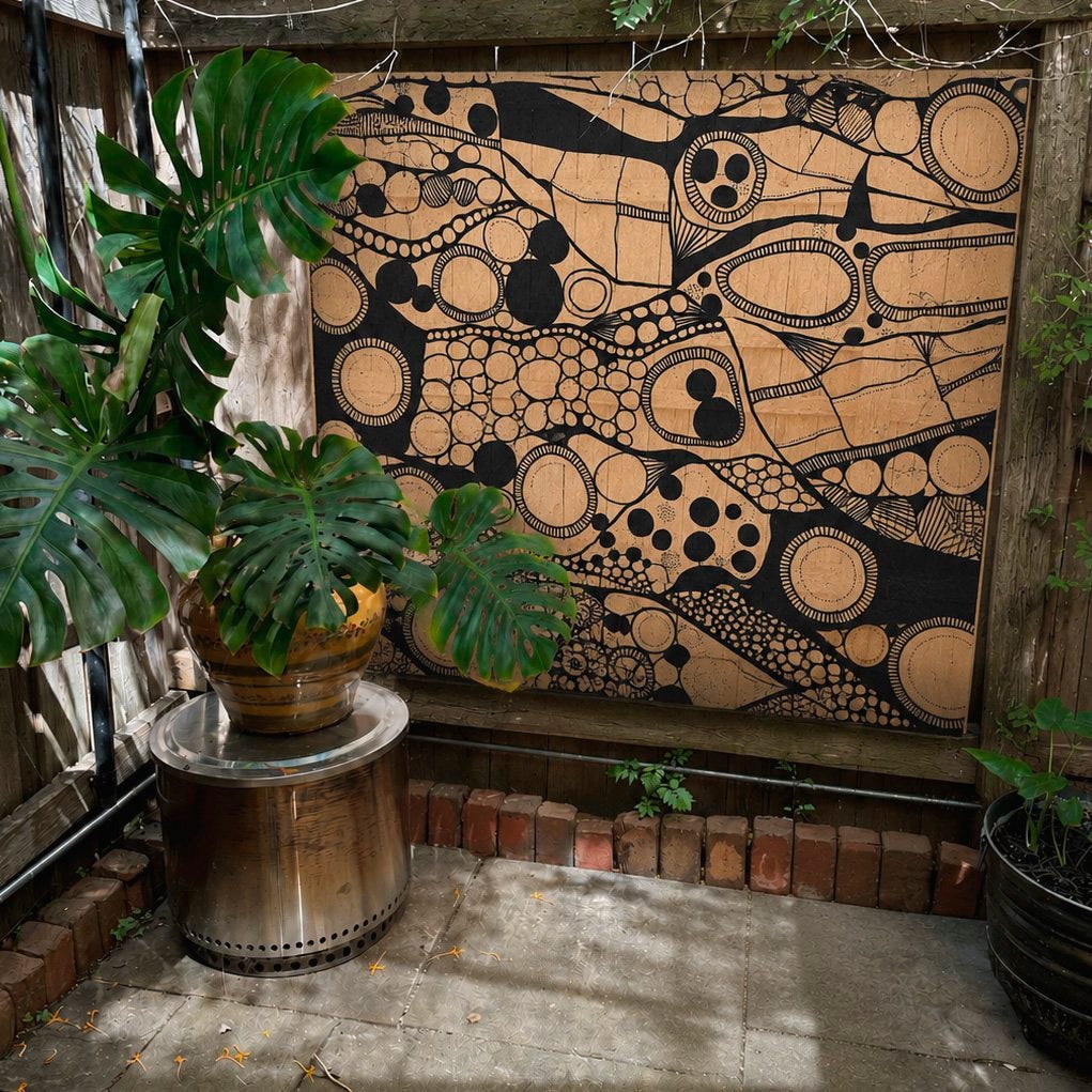 AI mockup of a black-and-tan abstract mural installed on a backyard fence behind tropical plants. AI mockup of a black-and-tan abstract mural installed on a backyard fence behind tropical plants.