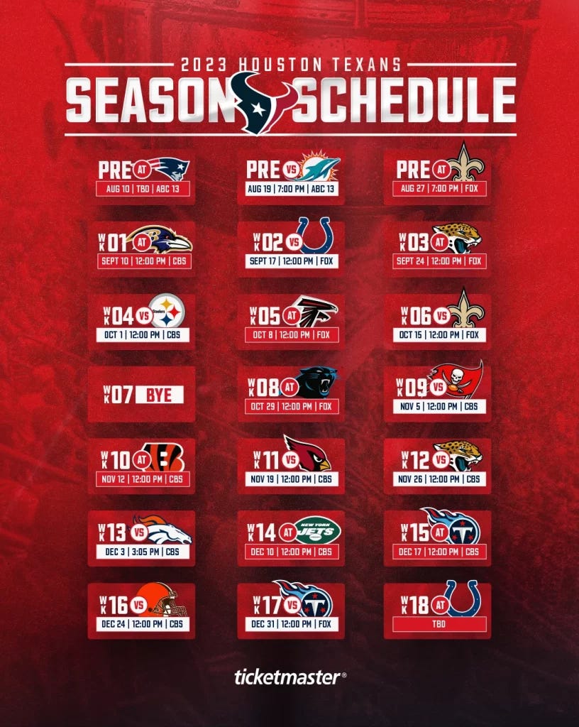 Calendario de los Texans en el 2023 Calendario de los Texans en el 2023