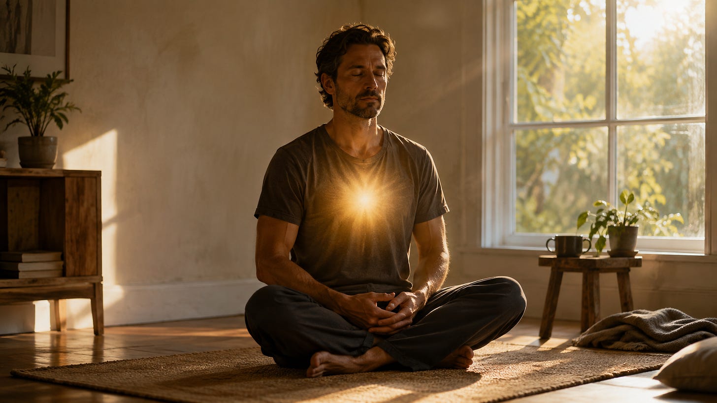 A man sits cross-legged in meditation in a warmly sunlit room, with a soft golden glow at his chest suggesting healing and self-forgiveness. A man sits cross-legged in meditation in a warmly sunlit room, with a soft golden glow at his chest suggesting healing and self-forgiveness.