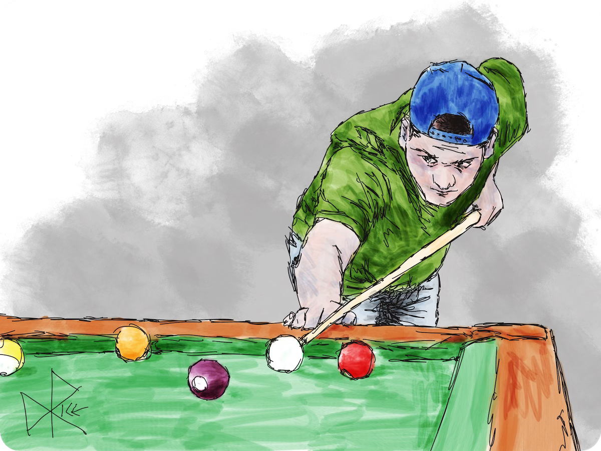 A young man leans in on the billiard table, about to take a shot. He is wearing a t-shirt and backwards trucker cap. Sketch art by Don Rice.